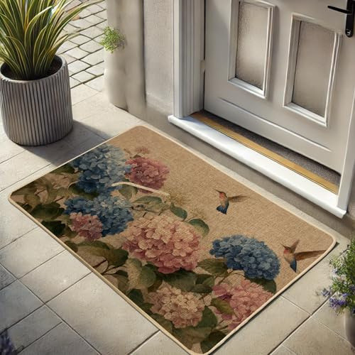 Paillasson motif hortensia colibri, multicolore à motif floral pour entrée extérieure et intérieure, style printemps, jardin, imperméable, antidérapant, absorbant, facile à nettoyer, 73,6 x 43,2 cm