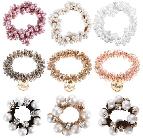 Heclia Perlen Haargummis, 9 Stück Elastische Zopfband Haaraccessoires Mit Kristallperlen, Für Frauen Hochzeit Braut Junggesellinnenabschied Boho Dekorative Haarschmuck