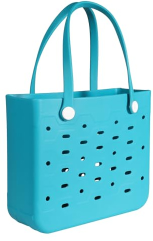 PoVwlty Rubber Beach Bag for Men & Women, Water-resistant Travel Tote Bag for the Beach Boat Pool (New-Lake Blue, Medium)