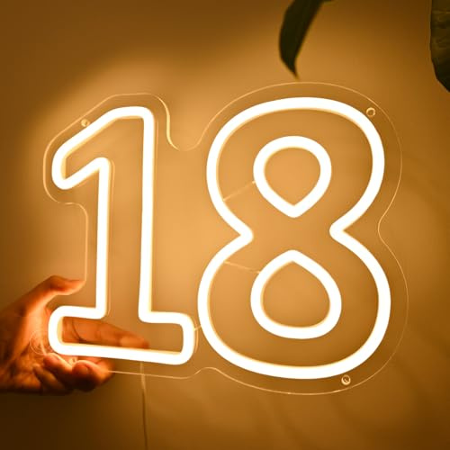 Britrio 18 Year Old Decorations Neon Sign LED Neon Light Up Sign for 18 Years Old Birthday Anniversary Party Wall Decor Supplies for Girls Boys Light Up Number Letters | Dimmable LED Light Up 18 Numbers Neon Light Anniversary Birthday Party Wall Decor Backdrop Supplies 5V USB Warm White 11.81”