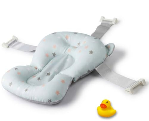 BATHBY Cojín para Bañera de Bebé – Soporte Recién Nacido, Asiento Ergonómico, Ajustable y Portátil con Malla Antideslizante, Almohada Reductora, Hamaca de Ducha + Patito de Goma (Azul Estrellas)