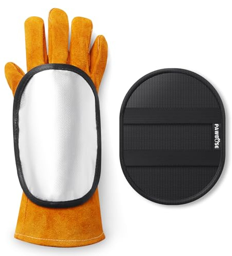 PAWBOSE Guantes de protección para soldadura con deflector para la mano, guante resistente al calor con protección de muñeca ajustable para MIG, TIG, palma trasera aluminizada con costuras de Kevlar