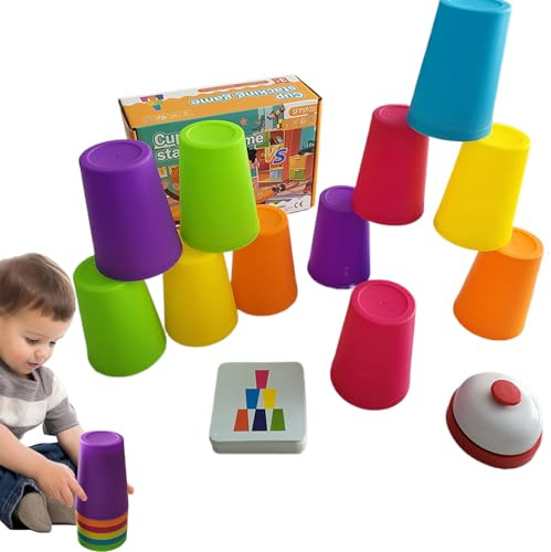 Sport Stapelbecher, Tassenstapelset Kids, Quick Stacks Cups Kinder und Erwachsene, Mit 12 Speed ​​Cups,50 Karten & 1 Klingel Anrufen, Lustige Interaktive Stapelbare Nistbecher für Challenge-Wettbewerb