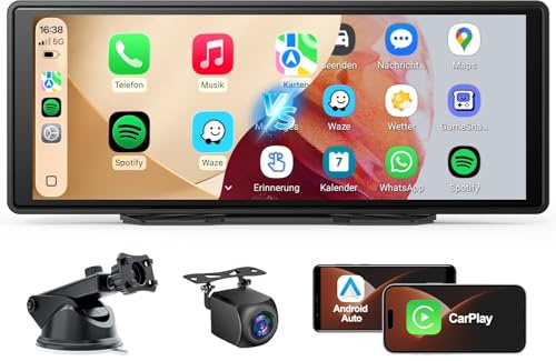 CarPlay Bildschirm, 9,26 Wireless Android Auto Display mit Rückfahrkamera | Touchscreen, Live-Navigation, Bluetooth Freisprecheinrichtung, Sprachsteuerung, MirrorLink, FM, AUX für Auto PKW LKW Womo