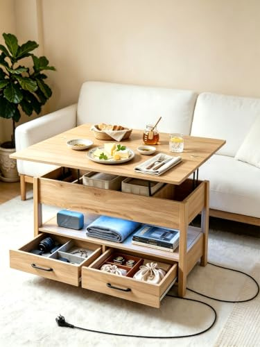 Amveya Mesa de Centro Elevable con Almacenamiento Mesa de Centro para Salón Escritorio para Sofá con 2 Puertos USB y Enchufe, Madera