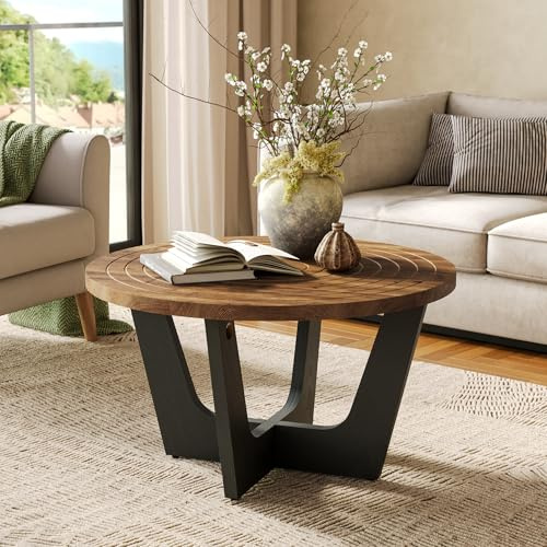 TRIBEWOOD Runder Couchtisch aus Massivholz, Farmhouse 80 cm Kleiner Couchtisch mit Ringnut, Wohnzimmer, Kleiner Raum, braun und schwarz