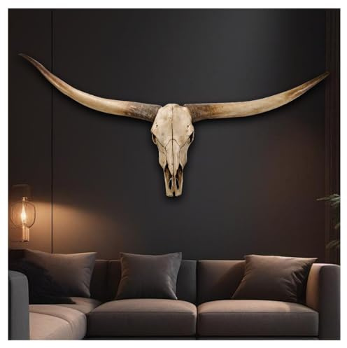 Faux Longhorn Skull Wanddekoration 70 Zoll/178 cm Longhorn Wandskulpturen Tierkopf-Wanddekoration Faux Taxidermie für Wohnzimmer Schlafzimmer,Braun,70in/178cm