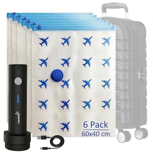 Lavatelli Set de Voyage pour Bagage à Main avec Pompe sans fil USB-C & 6 sacs sous vide 40x60 cm, Kit gain de place pour trolley 55x40x20, vêtements et linge