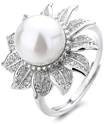Sonnenblumen-Perlenring für Damen, Sterlingsilber, Zirkonia, Blume, Geschenk, Gold, AAA-Süßwasserzucht, Verlobung, Ewigkeit, Ehering, offen, verstellbar