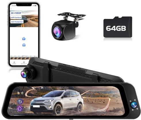 Ohradio Dashcam bilspegel 10 tum pekskärm, bak och framsida full HD, 2K, streaming media DVR 150° vidvinkel nattseende med 64 GB kort, GPS/G-Sensor/loop-inspelning