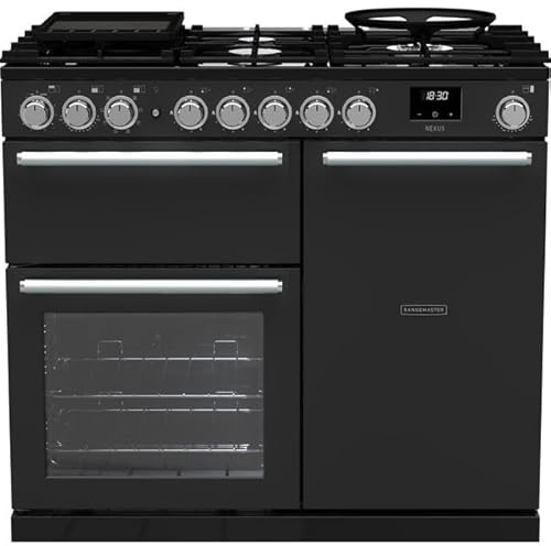 Rangemaster Nexus NEX100DFPCBL/CM1 100cm wide Dual Fuel Range Cooker with Gas Hob - Charcoal Black - A Rated