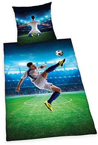 Herding Young Collection Bettwäsche-Set, Fußball Wendemotiv, Bettbezug 135 x 200 cm, Kopfkissenbezug 80 x 80 cm, Baumwolle/Renforcé, Grün