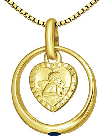 CLEVER SCHMUCK Jungen Taufkette Anhänger Taufring Edelstein Safir Engel herzförmig matt Rand diamantiert 333 Gold 8 Karat mit vergoldeter Kette im Etui anthrazit