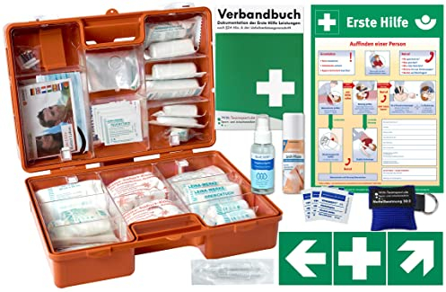 Erste-Hilfe-Koffer M5+ PRO nach aktueller DIN 13157 (Betriebe) & 13164 (KFZ) -Komplettpaket- inkl. Beatmungshilfe + Hygiene-Gel + Sprühpflaster + Verbandbuch + Aushang, Aufkleber