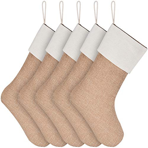 Sunshane Weihnachsstrumpf Sackleinen Kamin Weihnachtssocken zum Befüllen & Aufhängen für Weihnachtsdeko Oder DIY (Flachs, 5)