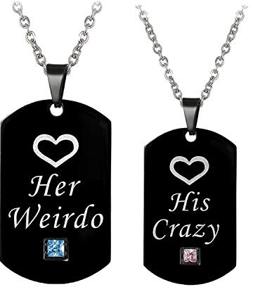 JewelryWe Schmuck Edelstahl Partner-Anhänger Halskette mit His Crizy & Her Weirdo Herz Zirkonia Dog Tag, Paar Anhänger Kette Freundschaftsketten mit kostenloser Gravur, Schwarz