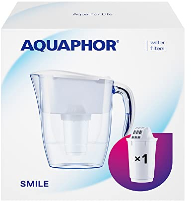 AQUAPHOR Jarra Filtrante Smile - 2.9L, Ideal para Puertas de Nevera, Ligera y Compacta, Incluye Filtro A5 de 350L con Magnesio, Reduce Cal, Cloro y Microplásticos - Blanca.