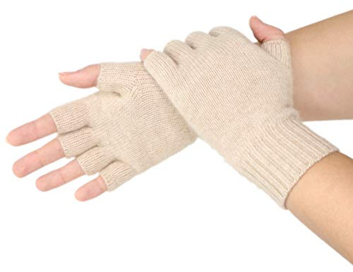 Prettystern Damen 100% Kaschmir-Wolle Halbfinger kurzfinger-handschuhe Fingerlose -Handschuhe Handstulpen Cashmere Hell-Beige