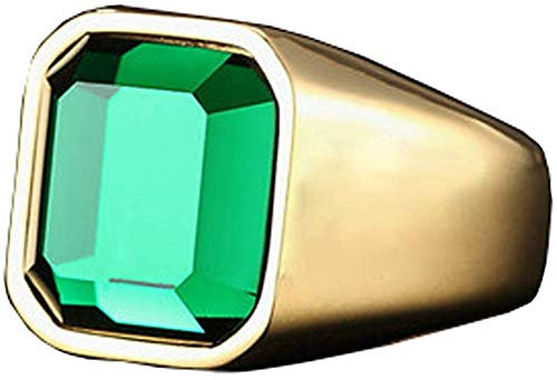 HIJONES Herren Einfach Poliert Grün Edelstein Ring aus Edelstahl mit Zirkonia Quadrat Matt Gebürstet Gold Größe 68