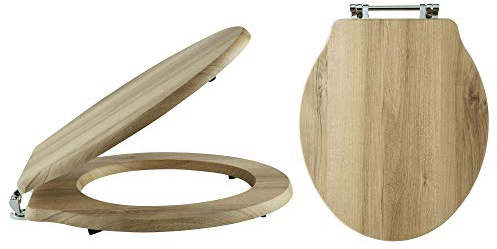 MILANO Natural Walnut Effect Toilet WC Seat Chrome Hinges 370 x 410mm