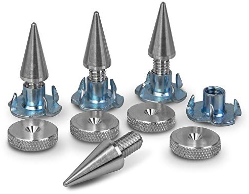 PrecisionGeek - Aluminium set med 4 x M8 spikar + 4 x 16 mm räfflade dynor och 4 x träinsatser
