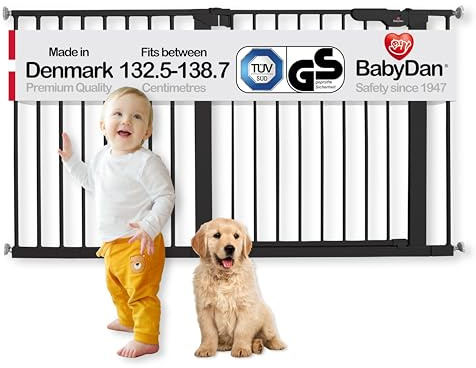 BabyDan Premier, Extra breit Ohne bohren Treppenschutzgitter, 132,5-138,7 cm, Babygitter/Sicherheitsgitter, Metall, Weiß, Hergestellt in Dänemark - (Haustiergitter/Hundegitter)
