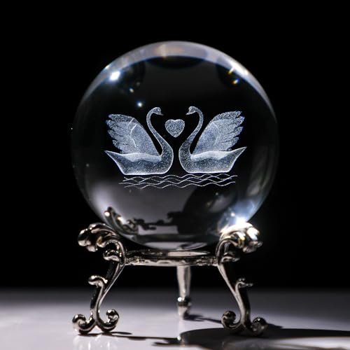 HDCRYSTALGIFTS Doppelschwan-Figur mit 3D-Gravur, Kristallkugel, 60 mm, Kristallkugel, Briefbeschwerer mit Standfuß, für Mädchen oder Frauen
