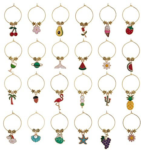 BENECREAT 24-Stil Weinglas-Anhänger Im Sommer-Stil, Blumen-Fruchtbecher-Getränkemarkierer Mit Hoop-Ringen Und Perlen Für Cocktail-Champagner-Verkostung, Partybevorzugungen