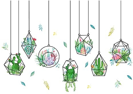 SUPERDANT Hanging Basin Wall Stickers Geometric Hanging Basket Wall Decal Cactus Succulent Indoor Art Stickers for Home Bedroom Living Room Balcony Windows Decorations