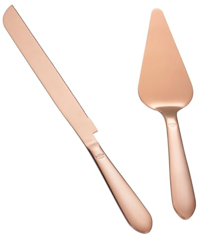 Wedding Cake Knife and Server Set, Integral Stainless Steel Longer Cake Cutter and Wider Pie Spatula, Elegant Cake Cutting Serving Set for Party Birthday Christmas Bridal Shower Set of 2, Rose Gold
