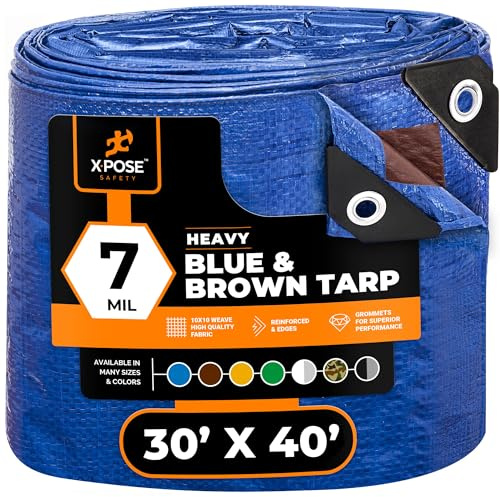 Xpose Safety 30’ x 40’ Heavy Blue/Brown Tarp - Waterproof - 7 Mil Weatherproof Camping Tarp for Tent, Rain, Wind & Sun - Plastic Tarpaulin Cover Outdoor for Roof, Trailer, RV, Car, Boat