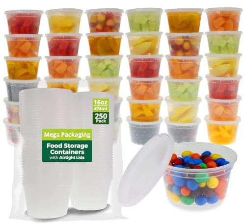 Mega Packaging (250 Pack 450ml - 16oz Round) Stackable Plastic Food Container Set With Lids - Reusable, Leakproof, Dishwasher & Microwave Safe, BPA Free Small Meal Prep Containers