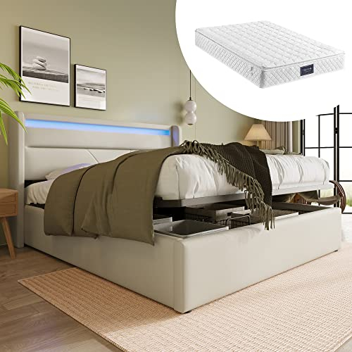 LED Bett Mit Matratze, Doppelbett Polsterbett 140 x 200 cm, Hydraulisch Stauraumbett mit Großer Stauraum und Lattenrost, Funktionsbetten Rückenlehne Bettgestell mit Fernbedienung & Bettkasten, Weiß