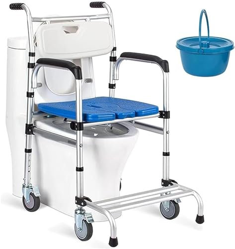 Kcolic Toilettenstühle Höhenverstellbar Rollstuhl Toilettenrollstuhl, Nachtstuhl Wc Mit Rollen Toilettenstuhl Mit WC-Eimer Fahrbarer Duschstuhl Aus Aluminium Für Ältere Senioren, Behinderte B