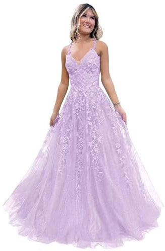 Vtorliya Women's Spaghetti Strap Tulle Prom Dresses Long Lace Appliques Ball Gown A-Line V Neck Formal Evening Party Dress Lilac