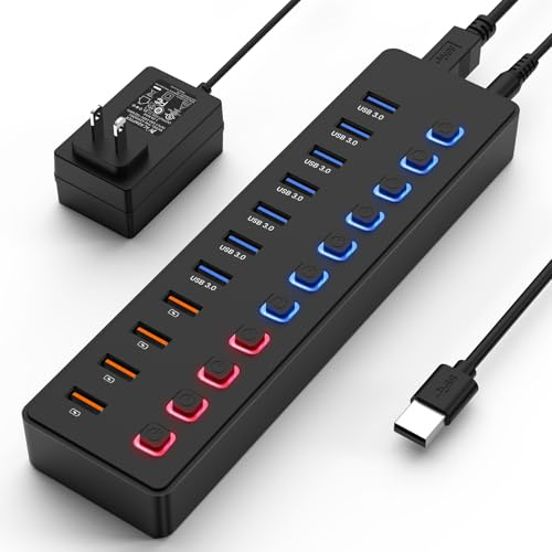 Wulofe Powered USB Hub 11 Port USB 3.0 Splitter with 7 Data Ports + 4 Smart Charging Ports, Individual On/Off Switches & LED Indicators, Includes 36W Power Adapter for Mac PC Laptop