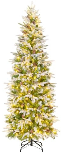 COSTWAY Albero di Natale Slim Pre-Luminoso 190/225 CM, Albero di Natale Artificiale Innevato con 280/350 Luci LED Bianche Calde, Rami Articolati e 671/913 Punte e 60/75 Pigne (190 CM)