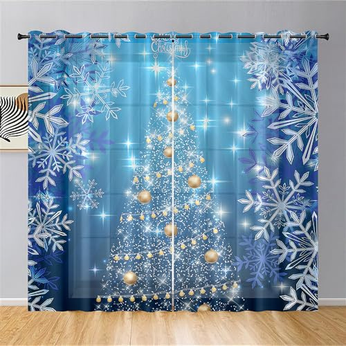 Lukery Vorhänge mit Ösen, Transparent Vorhänge Wohnzimmer 2er Set, Weihnachtsbaum Halbtransparent Gardinen Vorhänge Durchsichtig für Fenster Küche Wohnzimmer Landhaus (140x160cm,Schneeflocke)