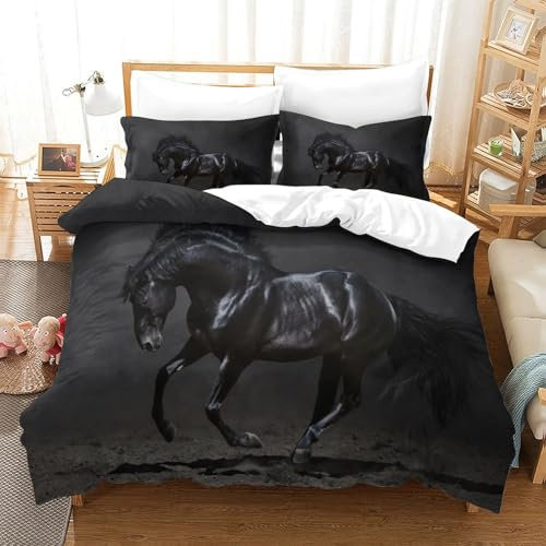 GUYDZOOM Black Pferd Bettbezug Set Bettwäsche Kinderbettwäsche Reißverschluss Mit Kissenbezug Betten Set Für Jugendliche Kinder Schlafzimmer Single（140x200cm）