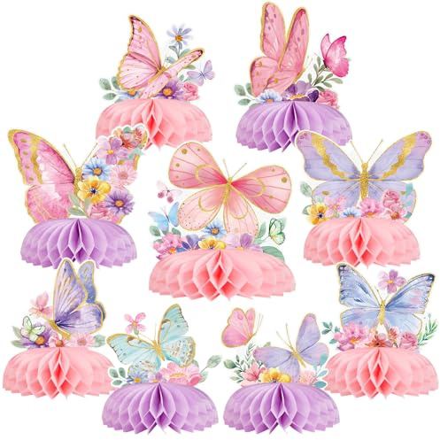 SUNBEAUTY 9 PCS Butterfly Table Decorations Butterfly Centerpieces for Tables Pink Purple Honeycomb Decor for Spring Garden Decorations Butterfly Theme Party Supplies Girls Fairy Party