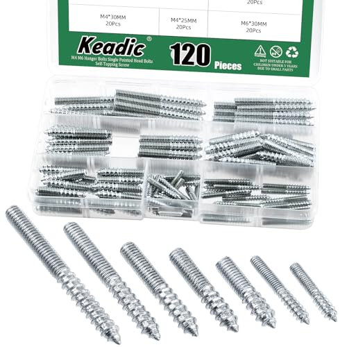 Keadic 120Pcs Silver Hanger Bolts, M4 M6, Zinc Plated, Single Headed, Self-Tapping Screw, Wood Dowel Screw for Furniture