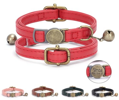 Personalisiertes Retro-Katzenhalsband aus PU-Leder mit gravierten Tags, langlebig, verschleißfest, verstellbar, mit Namen und Telefonnummer und Glocke (Stil 01)
