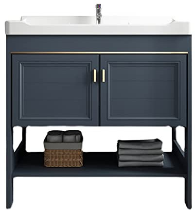 Meuble de salle de bain avec dessus d'évier - Lavabo simple sur pied - Lavabo à laver les mains avec étagères de rangement pour jardin, garage, camping - Blanc