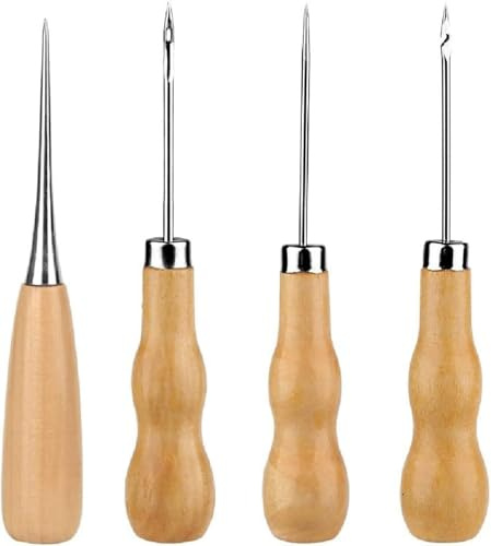 4 Pieces Wooden Handle Awl, Gourd Shape Awl, Tailors Awl, Wood Handle Scratch Awl, Sewing Awl, Punch Leather DIY Hand Sewing Tool, for Cutting Sewing Craft,Awl Tool