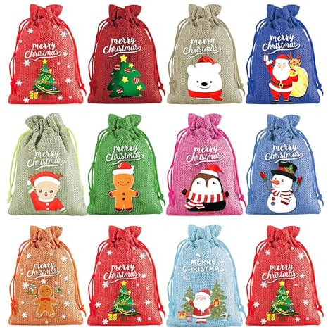Weihnachtliche Jutebeutel – 12 Stück Beutel mit Kordelzug | Praktischer Süßigkeitenbeutel für Snacks und Bastelarbeiten, Weihnachts-Jutebeutel geeignet für Süßigkeiten Leckereien