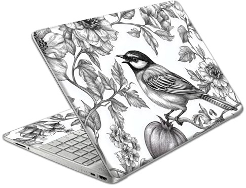 Laptop Skin Decal HP 15.6 - Black White Botanical, Laptop Cover Sticker, No Cutting Required, No Bubble, Waterproof, Scratch Resistant - Including Wide Screen and Wrist Pad