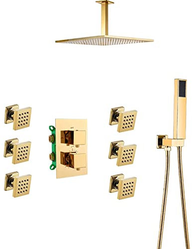 Thermostat-Duschsystem mit 6 Körpersprays, Regenduschkopf, Handbrausekopf, 3-Wege-Ventil, Kombi-Set für Badezimmer, Wand-/Deckenmontage, 20,3 cm / 25,4 cm