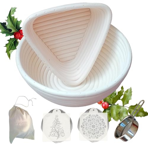 NATTARATTAN Cestini in rattan per la lievitazione del pane, rotondi e triangolari per la cottura creativa, con fodere di lino, stampini per il pane, setaccio per la farina e istruzioni