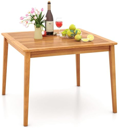 TANGZON Garden Table for 4, Acacia Wood Outdoor Dining Table with Parasol Hole & Slatted Top, Bistro Patio Dining Tables Furniture for Backyard Balcony Lawn Poolside (100 x 100 x 75 cm)