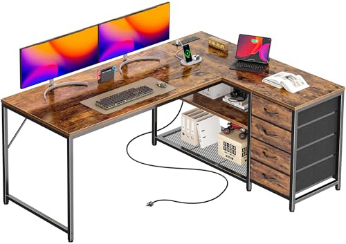 PRAISUN 53 L Shaped Desk with Power Outlets and USB-C Port, Reversible Computer Corner Office Desk with 4 Fabric Drawers and 2 Height-Adjustable Shelves, Large for Gaming Writing Study, Rustic Brown